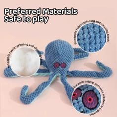 Colorful blue crocheted octopus plush toy with embroidered eyes, made from safe, high-quality materials, ideal for children, featuring pineapple fabric for grinding and cleaning teeth, perfect as a soft, sensory, and teething toy.