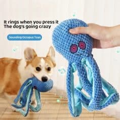 Blue octopus plush toy for dogs, squeaky dog toy with loud ring, pet toy for active play, soft and durable dog chew toy, perfect for small to medium dogs.