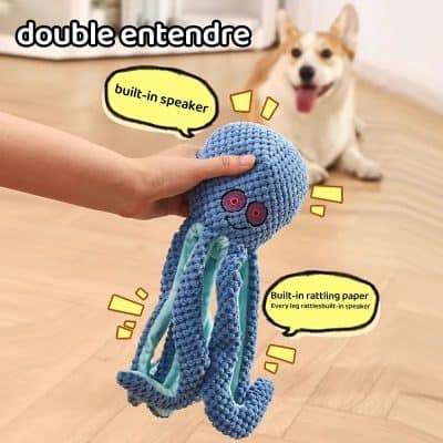 Soft plush octopus toy with built-in speaker and rattling paper, great for sensory play and interactive pet toys, color blue, suitable for children and pets at Monalisa Store.