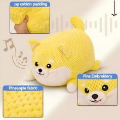 Vibrant yellow plush dog toy with fine embroidery facial features, made from soft pineapple fabric and padded with pp cotton, perfect for decorative and cuddly purposes.