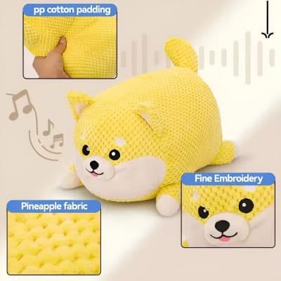 Vibrant yellow plush dog toy with fine embroidery facial features, made from soft pineapple fabric and padded with pp cotton, perfect for decorative and cuddly purposes.