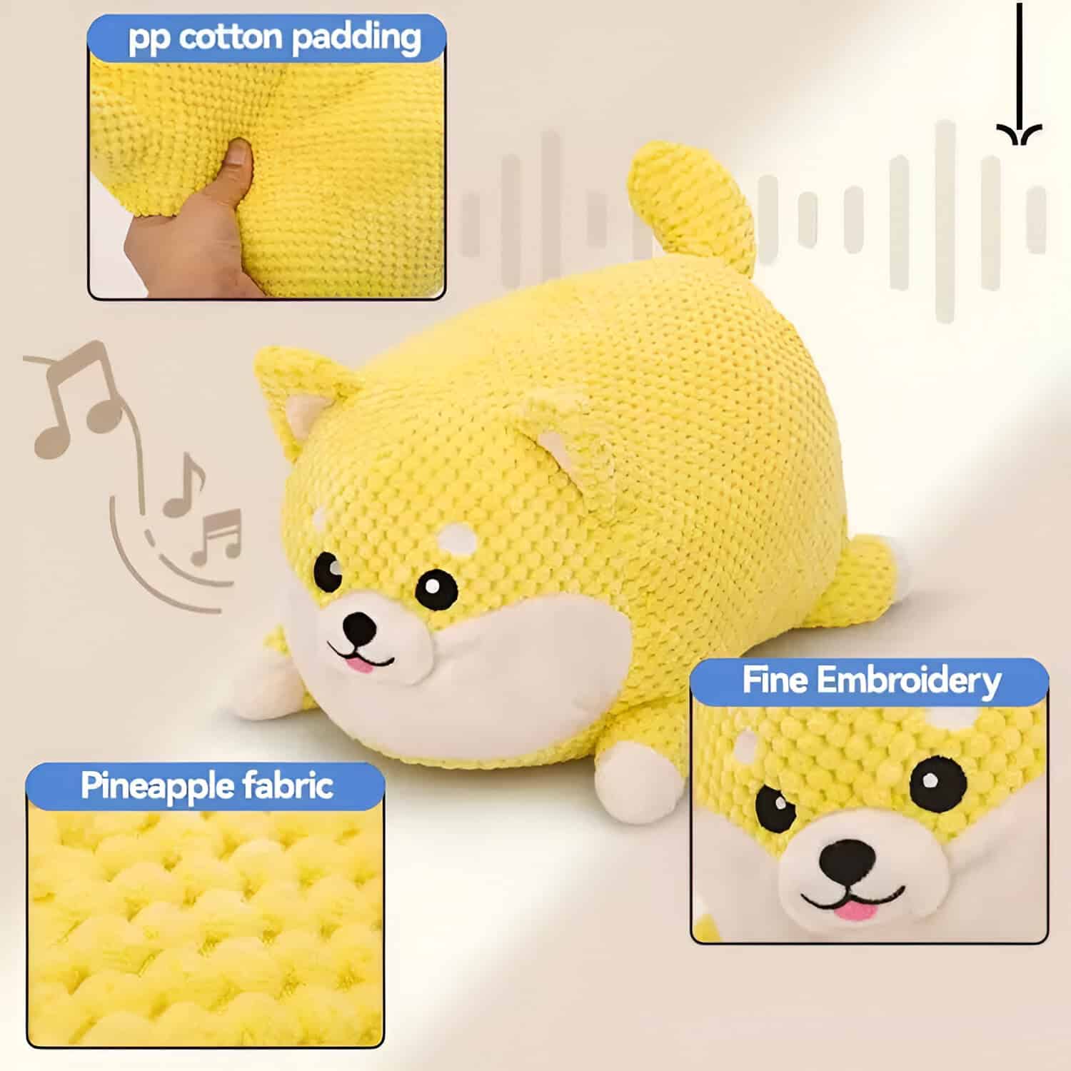 Vibrant yellow plush dog toy with fine embroidery facial features, made from soft pineapple fabric and padded with pp cotton, perfect for decorative and cuddly purposes.
