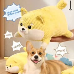 Soft plush Shiba Inu dog toy with knitted yellow body and dog face design, perfect for cuddling and sensory play, from Monalisa Store.