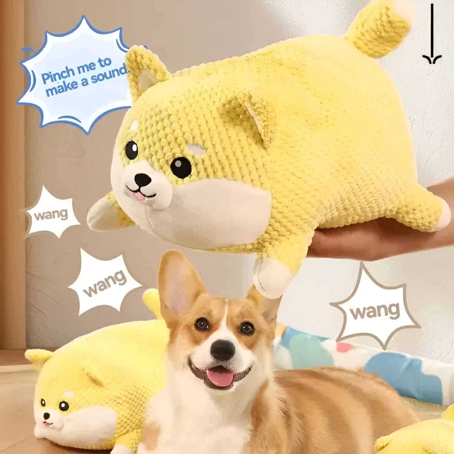 Soft plush Shiba Inu dog toy with knitted yellow body and dog face design, perfect for cuddling and sensory play, from Monalisa Store.