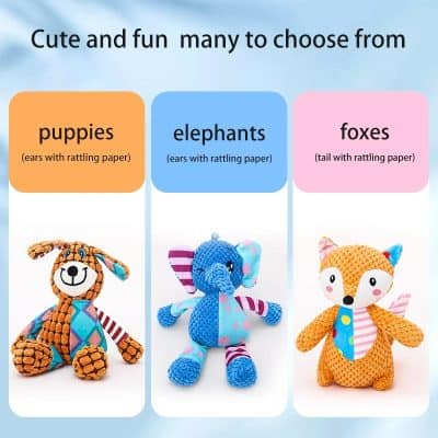 Colorful plush animal toys for kids, featuring adorable puppies, elephants, and foxes with rattling paper details, ideal for children’s playroom and nursery decor.