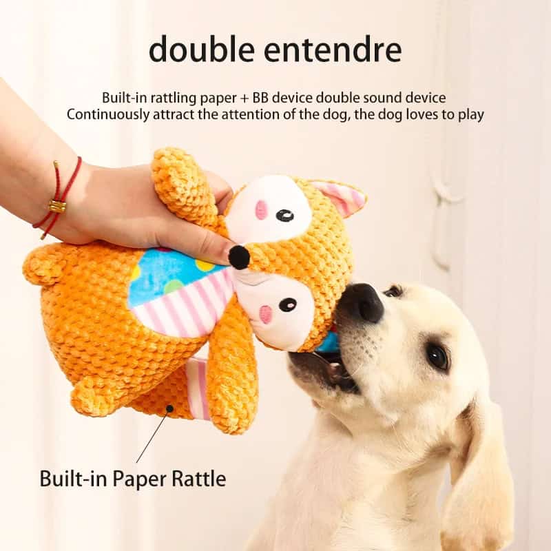Double Entendre dog toy with built-in paper rattle and BB device for pet stimulation and entertainment, ideal for dogs who love chew toys and interactive play.