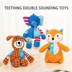 Colorful teething double sound plush toys set featuring adorable elephant, fox, and dog, perfect for babies to chew and soothe gums, enhancing sensory play and development.