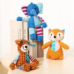 Colorful plush stuffed animals from Monalisa Store, perfect for kids and children, featuring various cute animal designs with bright colors and soft textures.
