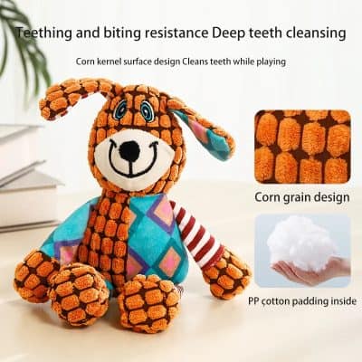 Colorful plush dog toy with corn kernel texture, ideal for teething and biting resistance, featuring deep teeth cleaning and corn grain design.