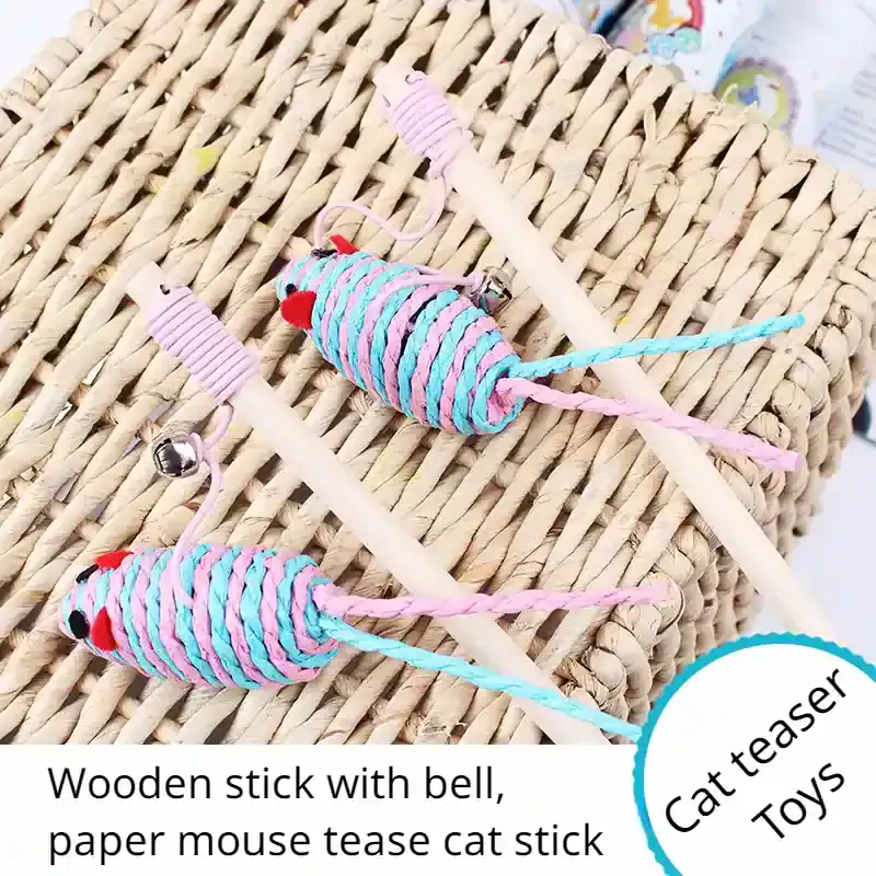 Colorful knitted cat toy with wooden stick and bell for kitten play, perfect for interactive pet toys, by Monalisa Medical, ideal for stimulating cats and pet accessories SEO keywords.