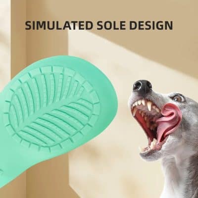 Flexible silicone dog muzzle with simulated sole design for better comfort and safety during walks or grooming.