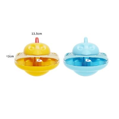 Bright yellow and blue rotating spinning tops with cute face designs, made from durable plastic, perfect as toys or gifts for children and collectors.