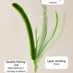 Fisherman’s fishing rod with elastic fibers, layered winding for durability, and a cat-inspired feather shake for attracting prey, ideal for high-quality, durable fishing gear.
