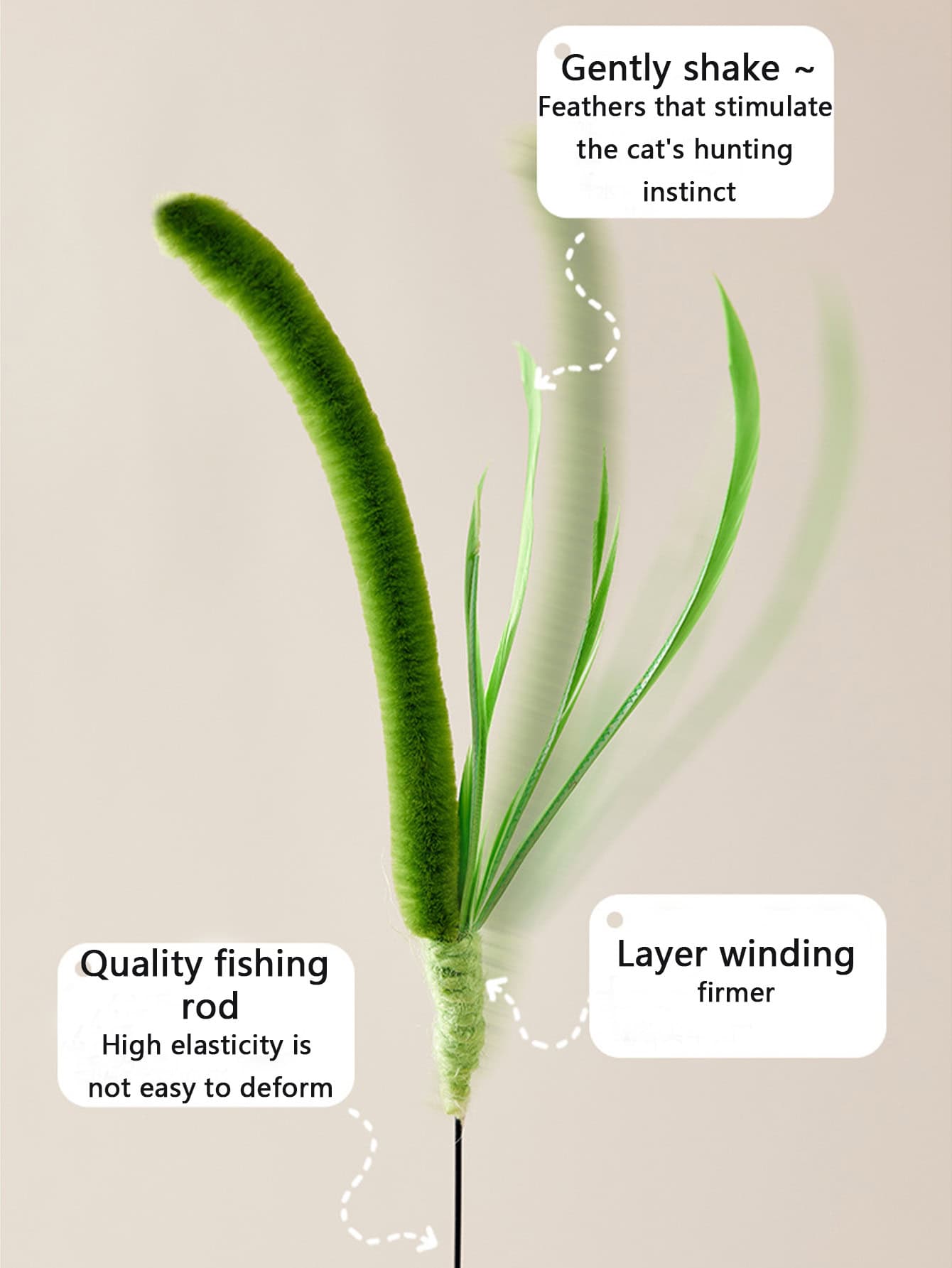 Fisherman’s fishing rod with elastic fibers, layered winding for durability, and a cat-inspired feather shake for attracting prey, ideal for high-quality, durable fishing gear.