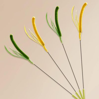Colorful wind-up toy insects featuring yellow and green designs on flexible wires, demonstrating gentle swinging motion and 360-degree rotation for playful and decorative purposes.