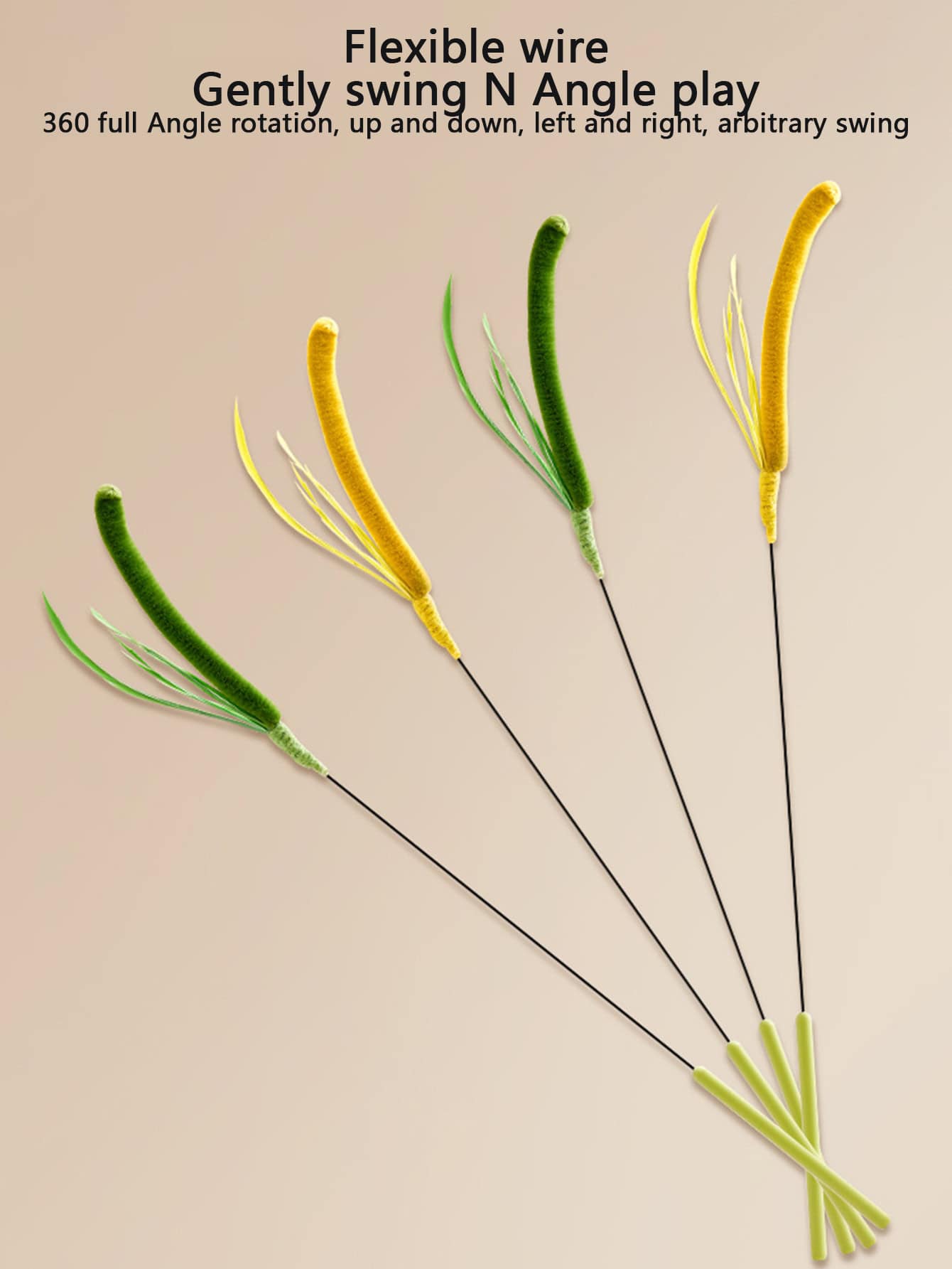 Colorful wind-up toy insects featuring yellow and green designs on flexible wires, demonstrating gentle swinging motion and 360-degree rotation for playful and decorative purposes.