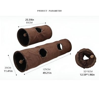 Durable brown cat play tunnel with multiple openings, ideal for cats, measuring 125cm long and 29cm in diameter, designed for interactive pet entertainment and exercise.