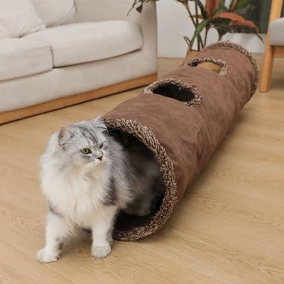 Soft cat play tunnel in brown cozy fabric with multiple openings, ideal for pet entertainment and exercise. Perfect addition to pet-friendly homes for cats' fun and relaxation.