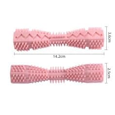 Flexible silicone massage brush for scalp and hair care, 14.2cm long, pink, with varied textured bristles for cleaning, stimulating blood flow, and promoting healthy hair growth.