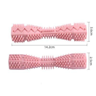 Flexible silicone massage brush for scalp and hair care, 14.2cm long, pink, with varied textured bristles for cleaning, stimulating blood flow, and promoting healthy hair growth.