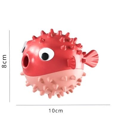 Bright red plastic fish-shaped stress ball with googly eyes and textured bumps, perfect for improving eye health and stress relief at the Monalisa Store.