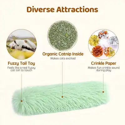 Soft fluffy cat toy with green faux fur tail and crinkle paper for sound, features organic catnip inside to excite cats. Perfect for interactive play and entertaining your feline friend.