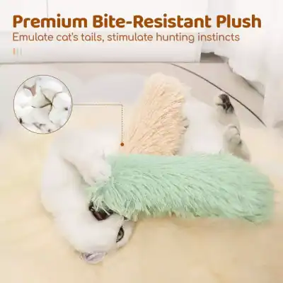 Cotton cat toy with feather tail, designed to stimulate hunting instincts and entertain feline pets, suitable for therapeutic and sensory enrichment in pet care.