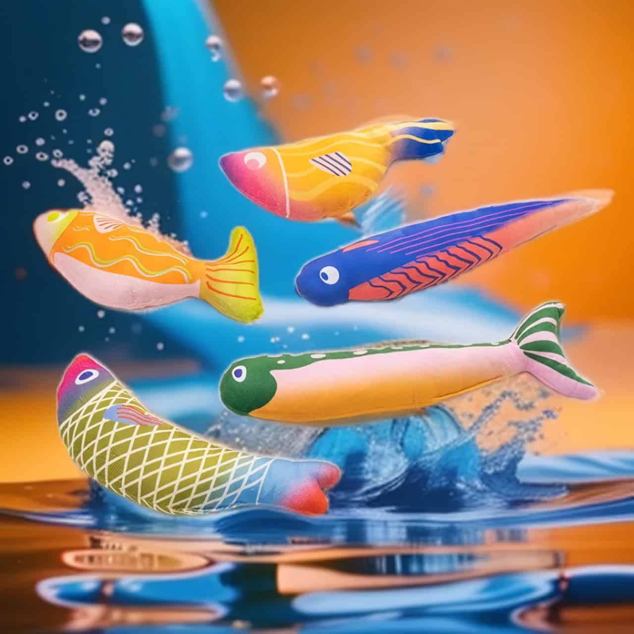 Colorful toy fish swimming in water, vibrant aquatic decor for kids, fun and engaging aquarium accessories for children’s playroom or nursery.