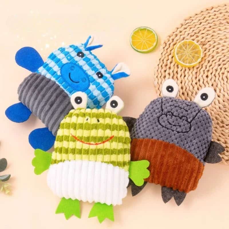 Colorful plush crab, frog, and whale stuffed toys with knitted textures, ideal for kids' accessories and gifts from Monalisa Store.