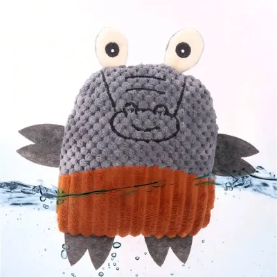 Soft plush hippo bath toy with water splash background, perfect for kids' bath time fun and sensory play. Adorable, colorful, and durable, ideal for infants and toddlers.