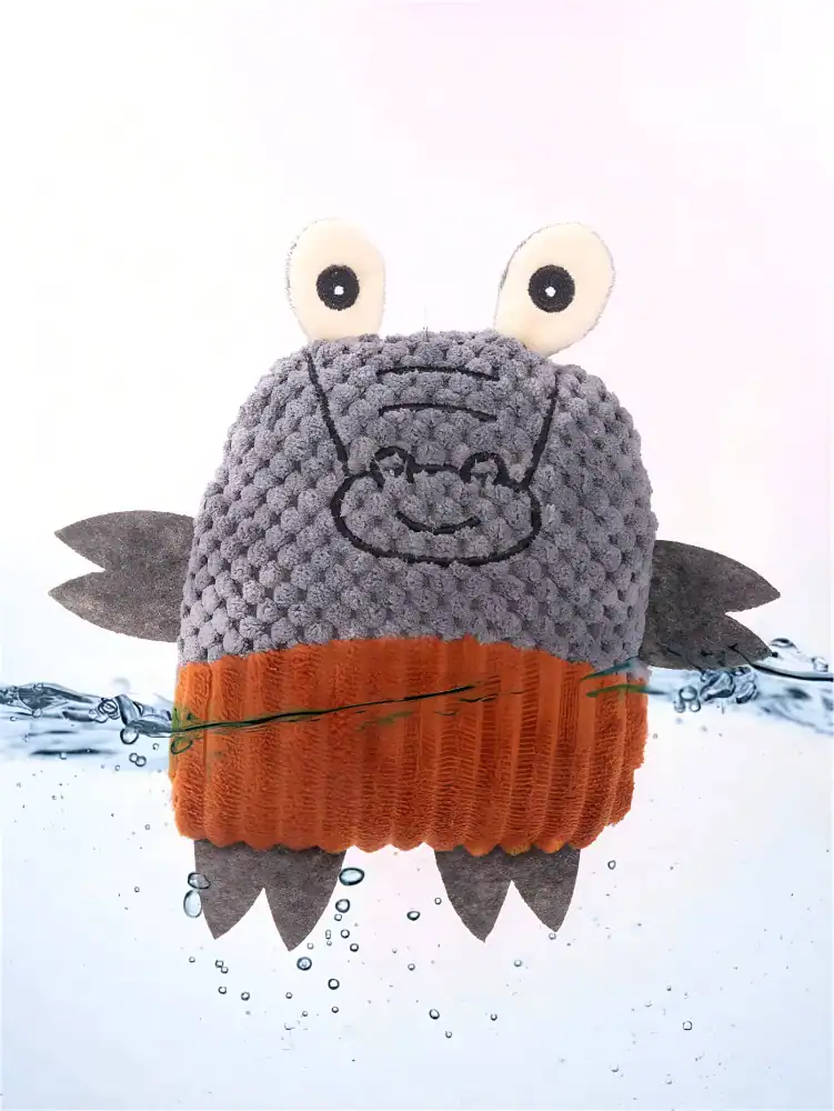 Soft plush hippo bath toy with water splash background, perfect for kids' bath time fun and sensory play. Adorable, colorful, and durable, ideal for infants and toddlers.