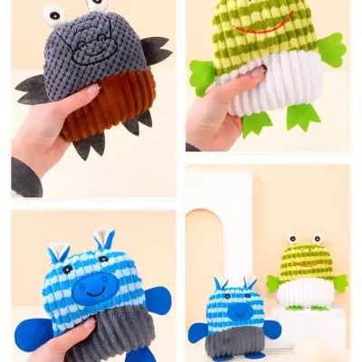 Handmade plush frog, cow, and crab toys with colorful striped designs, soft fabric, and whimsical features, perfect for kids' gifts or decor from Monalisa Store.