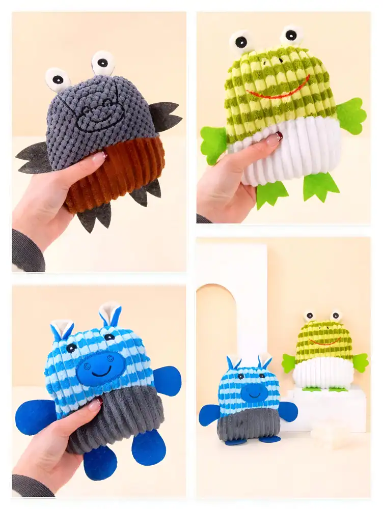 Handmade plush frog, cow, and crab toys with colorful striped designs, soft fabric, and whimsical features, perfect for kids' gifts or decor from Monalisa Store.
