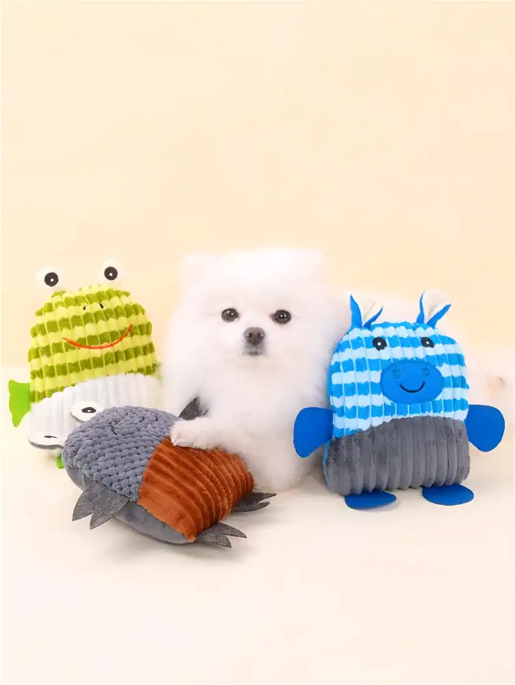 Fluffy white puppy surrounded by colorful plush aquatic animal toys, ideal for pet products or playful accessories, on a neutral background.