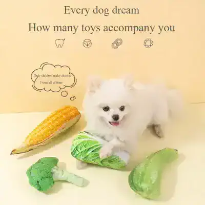 Cute white dog surrounded by toy vegetables, promoting pet health and nutrition at Monalisa Store.