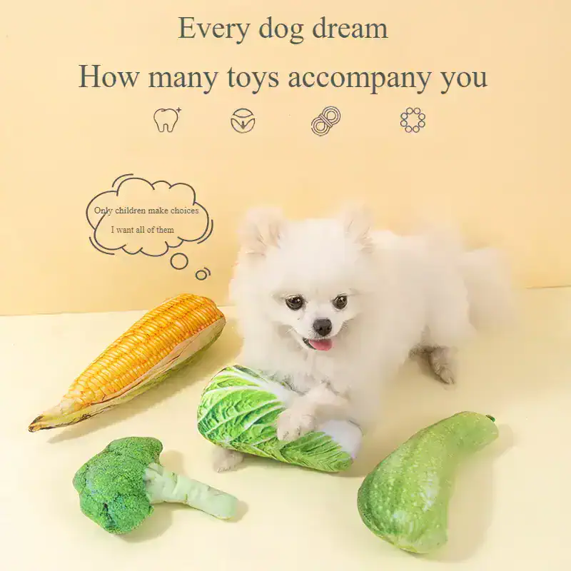 Cute white dog surrounded by toy vegetables, promoting pet health and nutrition at Monalisa Store.