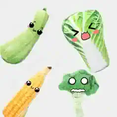 Fresh vegetable characters with cute anime-style facial expressions, emphasizing healthy eating and nutrition.