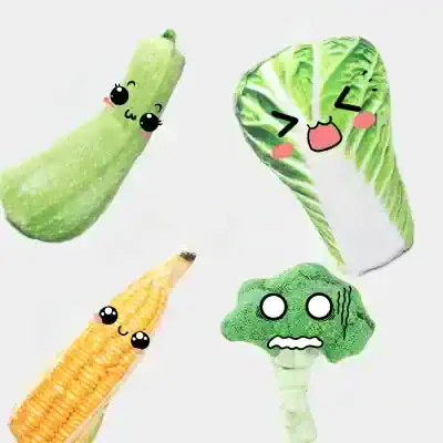 Fresh vegetable characters with cute anime-style facial expressions, emphasizing healthy eating and nutrition.