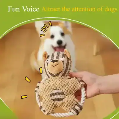 Soft plush teddy comfort toy with plush and striped fabric, ideal for dogs and pets at Monalisa Store, promoting fun, comfort, and attention for your furry friends.