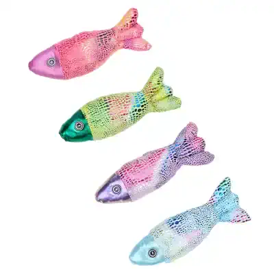 Colorful fish-shaped plush toys with shiny, dotted textures for optical or aesthetic therapy and decorative purposes.