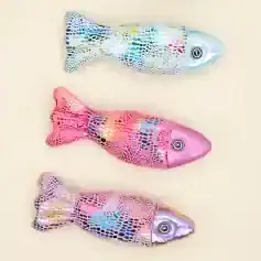 Colorful fish-shaped LED night lights with sparkling, holographic designs, perfect for home decor and children's bedroom lighting.