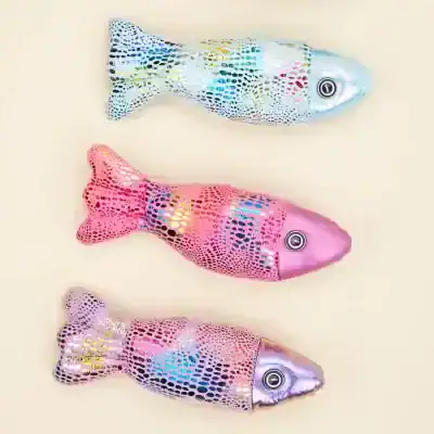 Colorful fish-shaped LED night lights with sparkling, holographic designs, perfect for home decor and children's bedroom lighting.