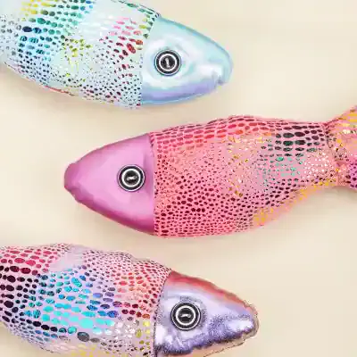 Colorful holographic fish-shaped plush toys with shiny, iridescent scales and button eyes, perfect for children's decor, plush collectibles, or gift items at Monalisa Medical Store.