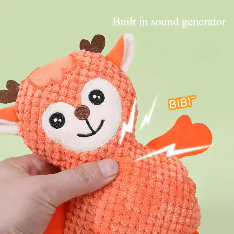 Plush toy with sound function, cute animal character, orange and white, kids' plush pillow, soft plush material, featured in Monalisa Medical store, adorable gift for children, playful design, cuddly bedtime companion, toy with built-in sound generator, soft toy for kids, playful plush pillow for kids, children's plush decor, animated plush animal, soft stuffed animal for kids, plush toy with sound features.