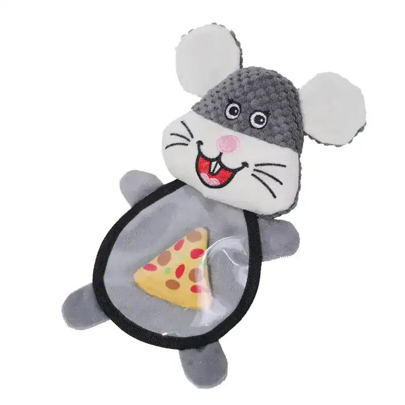 Cute mouse plush toy holding pizza, perfect for kids’ cuddly toys or as a fun gift, featuring soft fabric and detailed embroidery for comfort and play.