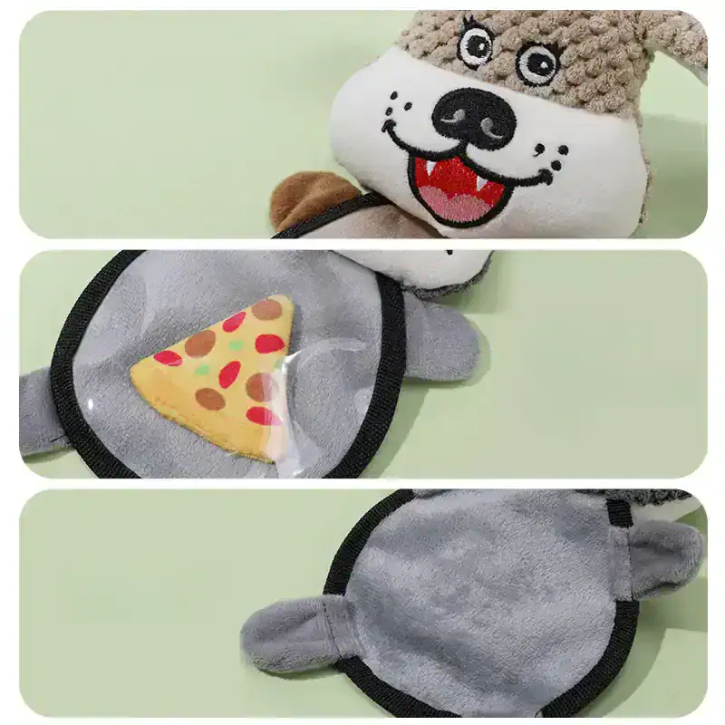 Dog plush toy with pizza slice design for kids, soft gray oven mitt with paw print, playful pet-themed household accessories for children’s playroom decor.