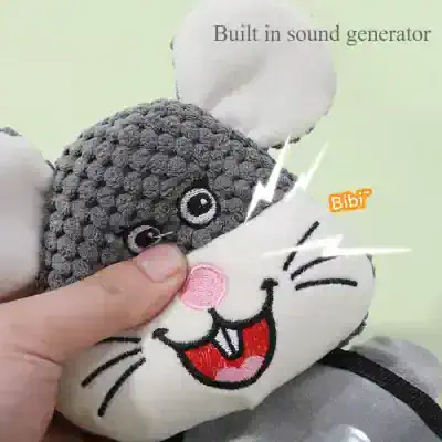 Soft plush bunny toy with sound feature, cute embroidered face, grey and white plush material, perfect for kids' gifts, featuring built-in sound generator and adorable design from Monalisa Store.