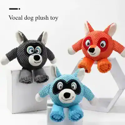 Soft plush vocal dog toys in gray, red, and blue, perfect for children and pet lovers, featuring adorable animal designs and cuddly textures from Monalisa Store.