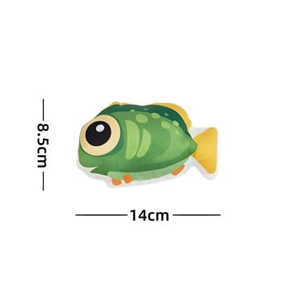 Cute fish-shaped plush toy, vibrant green with yellow fins, 14cm wide and 8.5cm tall, ideal for kids’ toys, bath accessories, or plush collections, perfect for children and aquarium enthusiasts.