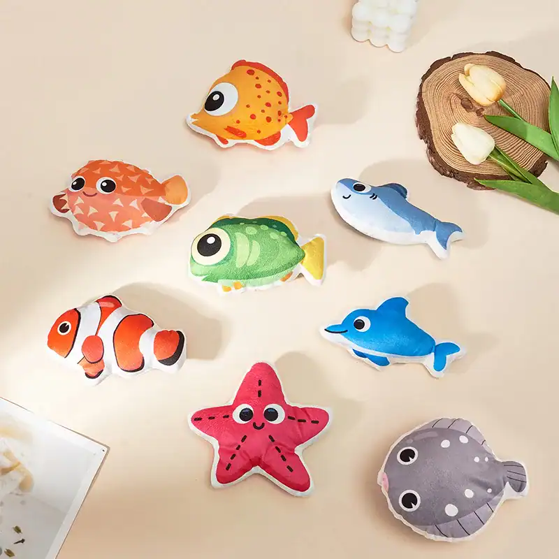Colorful plush fish and sea creature toys set for kids, perfect for marine-themed play, educational activities, and sensory development. Safe, soft, and vibrant for children's entertainment.